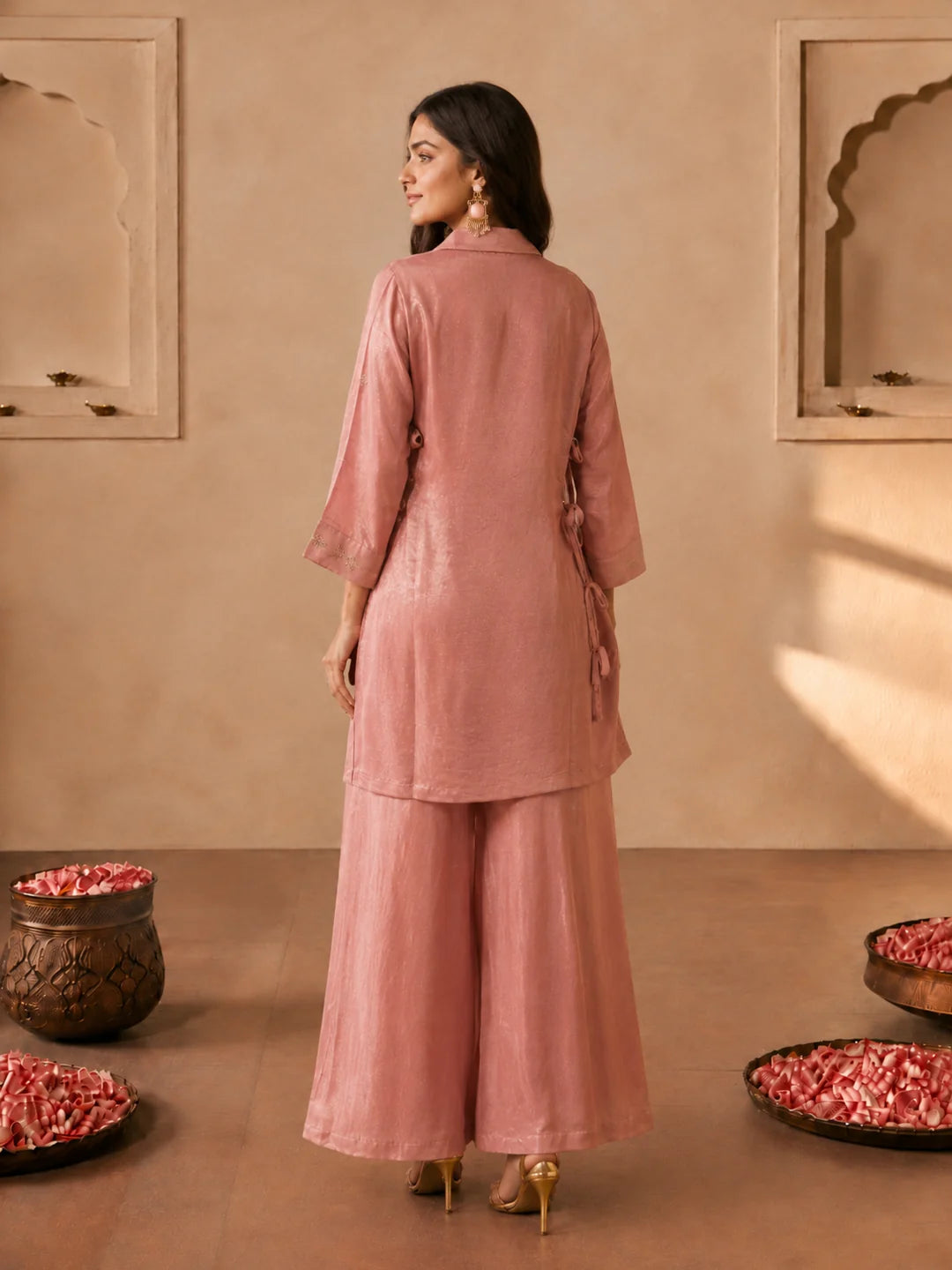Rose Pink 3-Piece Co-Ord Set in Shimmer Tissue