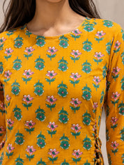 Mustard and Green Meadow Tie-Up Printed Short Kurti in Cotton