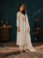 Ivory 3-Piece Kurta Set with Antique Gold Zari Embroidery in Tissue
