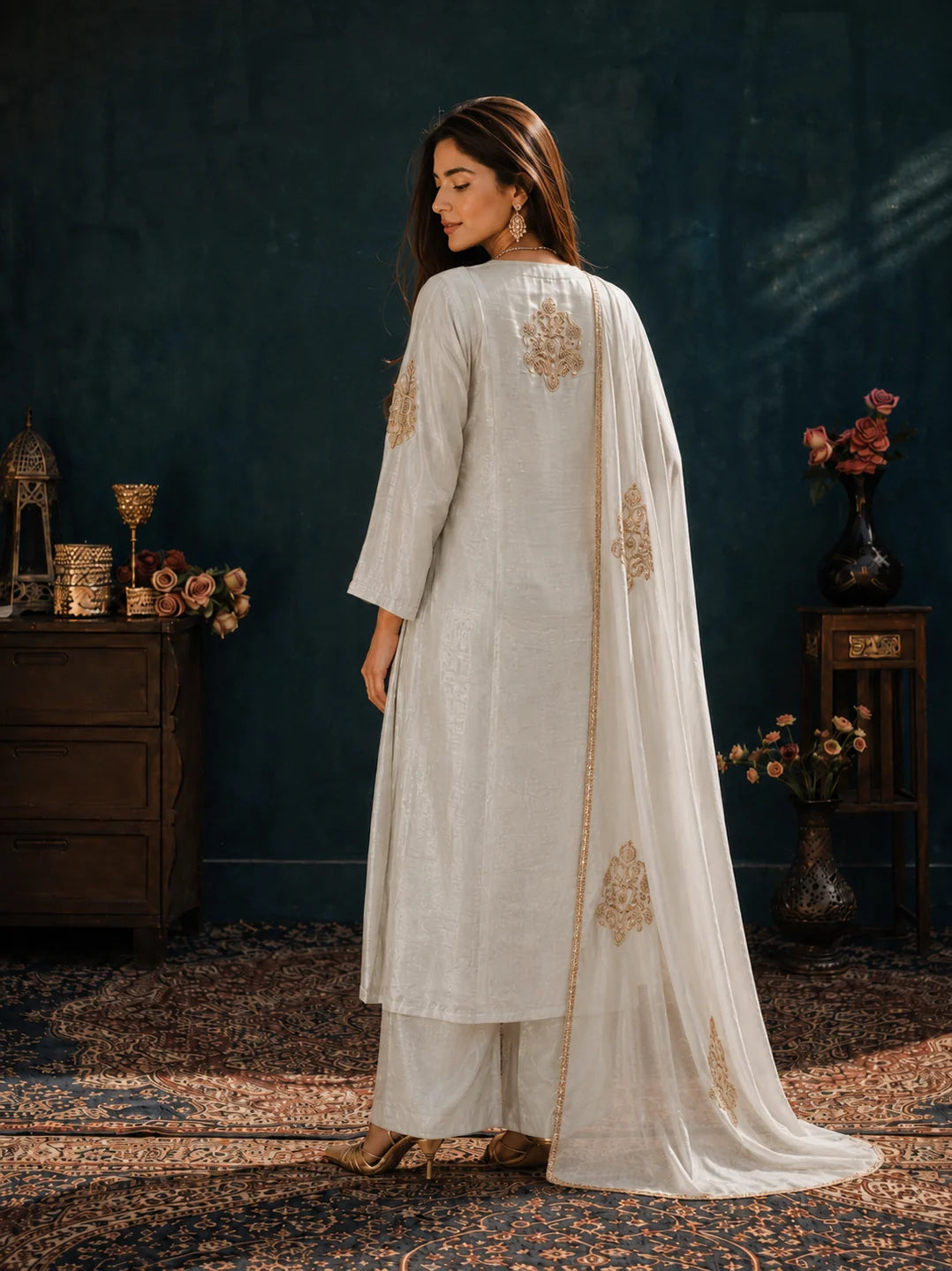 Ivory 3-Piece Kurta Set with Antique Gold Zari Embroidery in Tissue