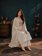 Ivory 3-Piece Kurta Set with Antique Gold Zari Embroidery in Tissue