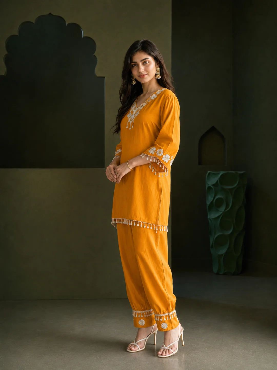 Mustard Mirror Embroidered Co-ord Set in Crepe