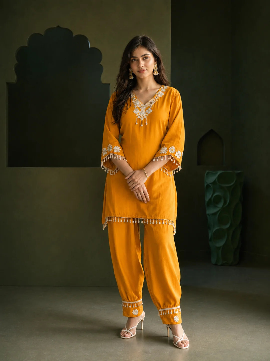 Mustard Mirror Embroidered Co-ord Set in Crepe