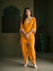 Mustard Mirror Embroidered Co-ord Set in Crepe