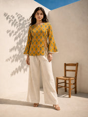 Mustard and Green Meadow Tie-Up Printed Short Kurti in Cotton