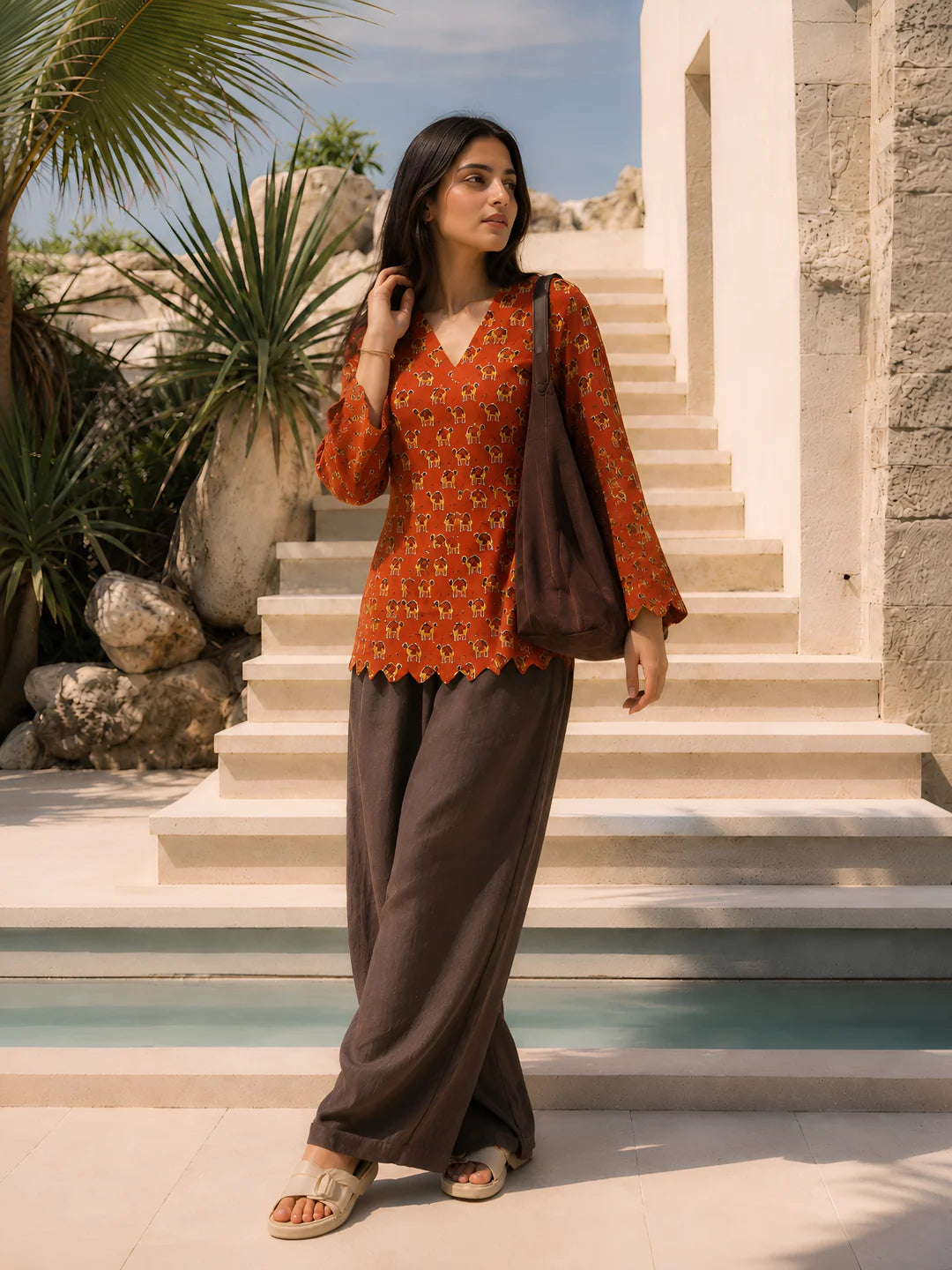 Rust Orange Camel Printed Short Kurti in Cotton