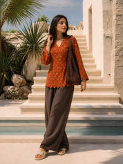Rust Orange Camel Printed Short Kurti in Cotton
