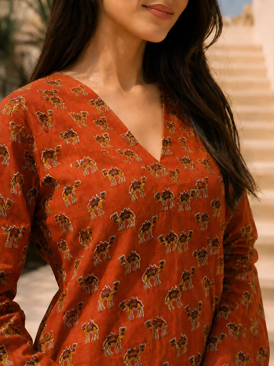 Rust Orange Camel Printed Short Kurti in Cotton