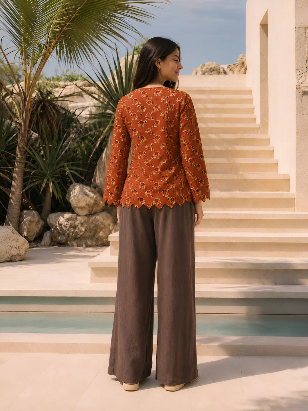Rust Orange Camel Printed Short Kurti in Cotton