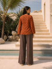 Rust Orange Camel Printed Short Kurti in Cotton