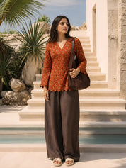 Rust Orange Camel Printed Short Kurti in Cotton