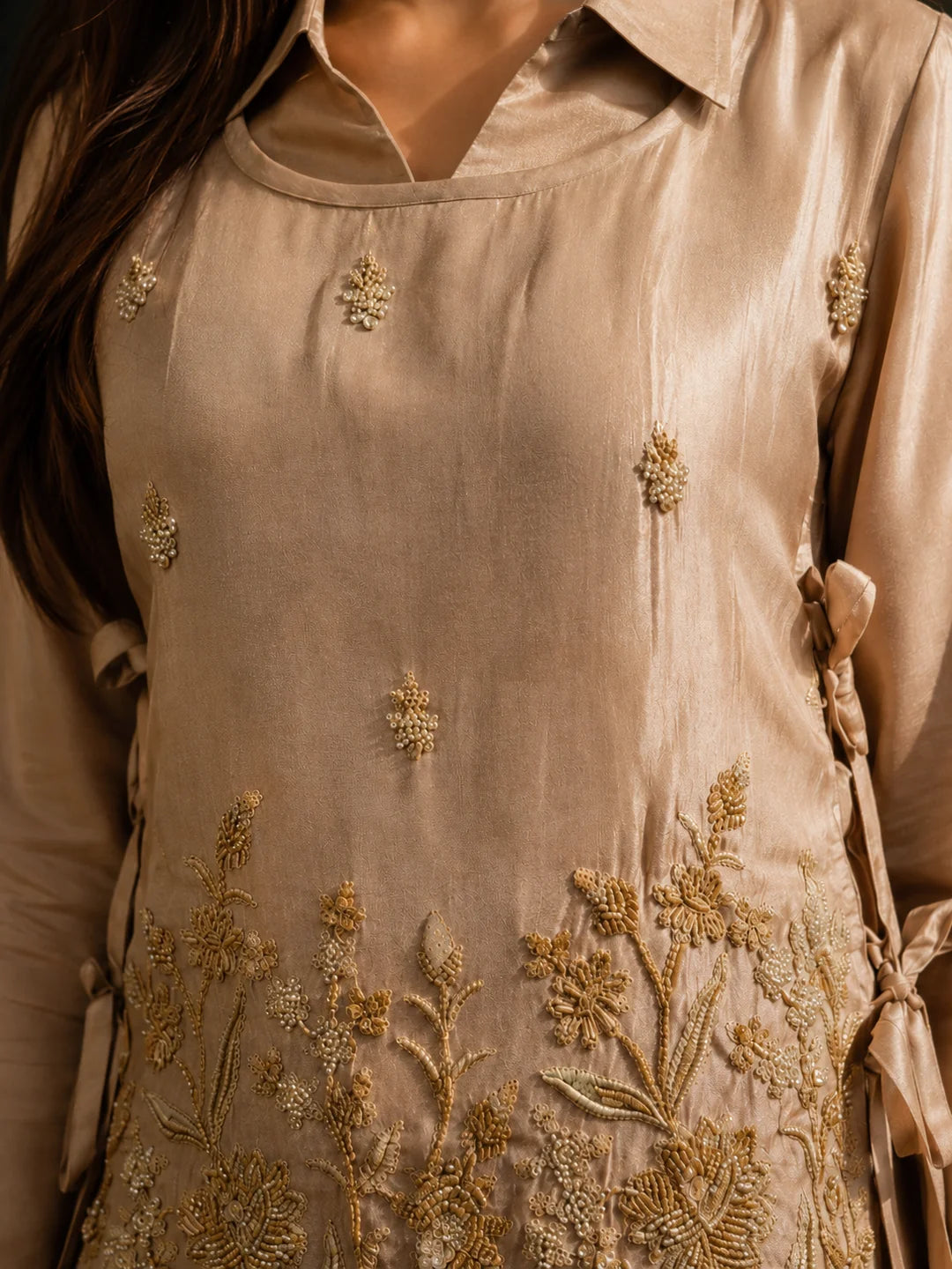 Beige 3-Piece Co-Ord Set in Shimmer Tissue