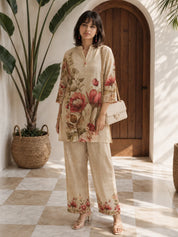 Beige Lily Printed 2-Piece Co-ord Set in Viscose