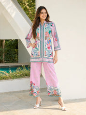 Conjunto coordinado de crepé estampado floral rosa empolvado