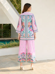 Conjunto coordinado de crepé estampado floral rosa empolvado