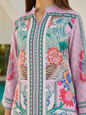 Conjunto coordinado de crepé estampado floral rosa empolvado