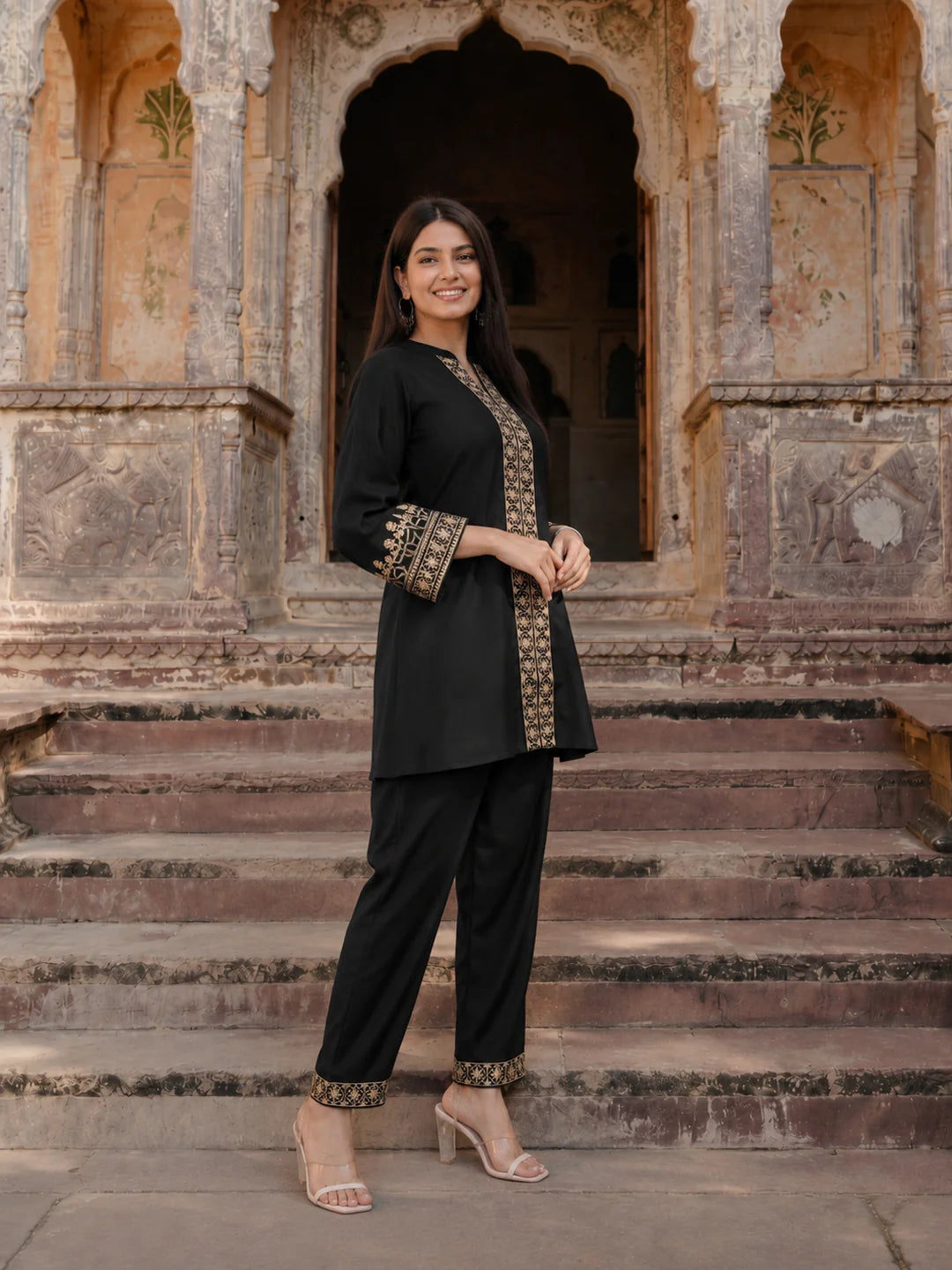 Black Golden Lurex Thread Embroidered Cotton Co-Ord Set