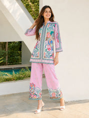 Conjunto coordinado de crepé estampado floral rosa empolvado