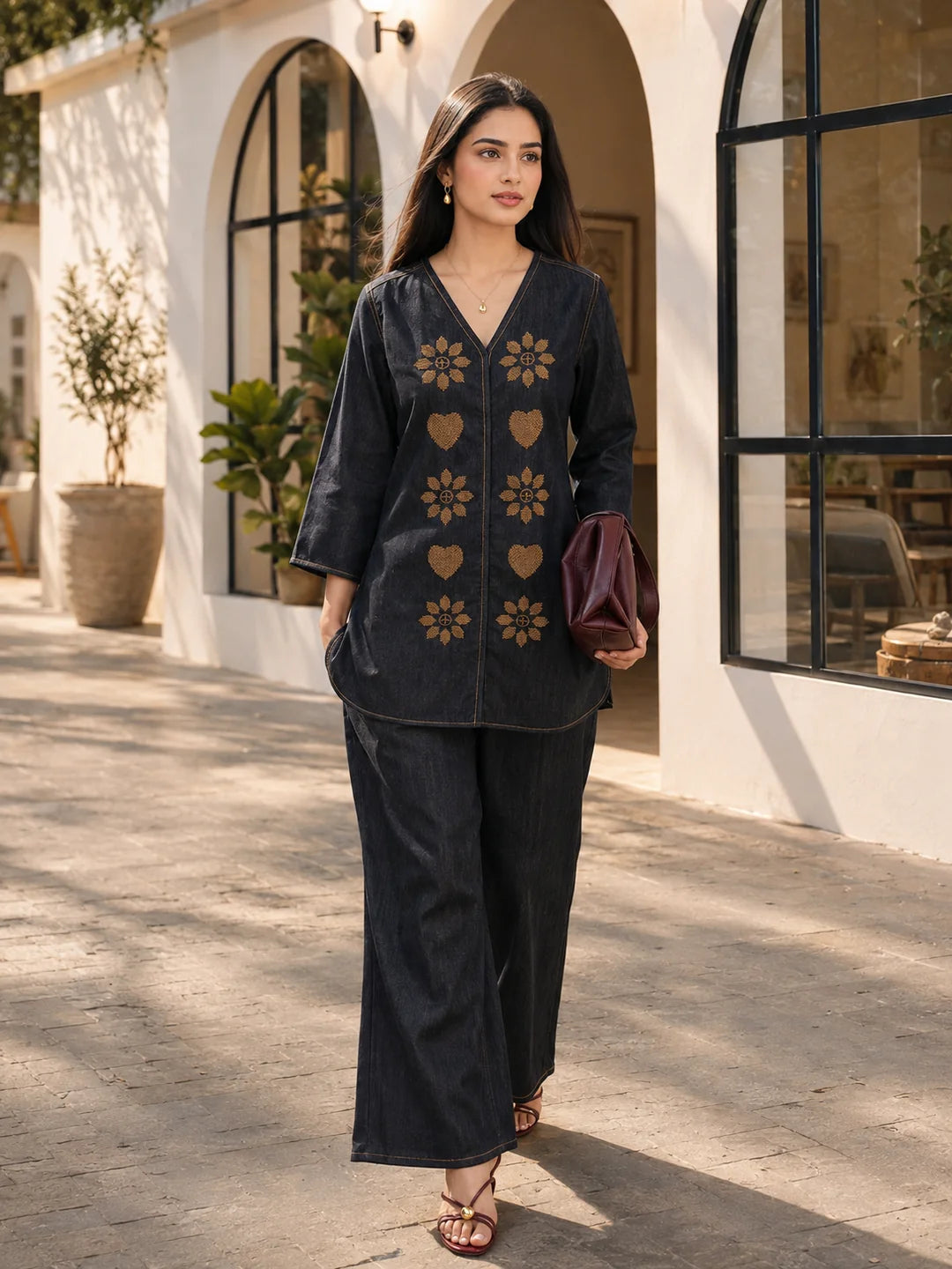 Charcoal Denim Embroidered 2-Piece Co-ord Set in Cotton Denim
