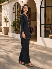 Charcoal Denim Embroidered 2-Piece Co-ord Set in Cotton Denim
