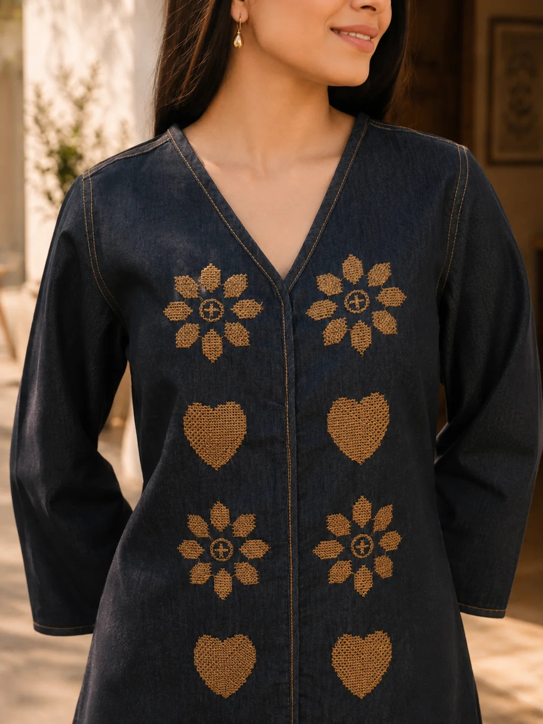 Charcoal Denim Embroidered 2-Piece Co-ord Set in Cotton Denim