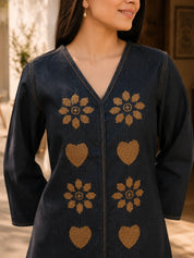 Charcoal Denim Embroidered 2-Piece Co-ord Set in Cotton Denim
