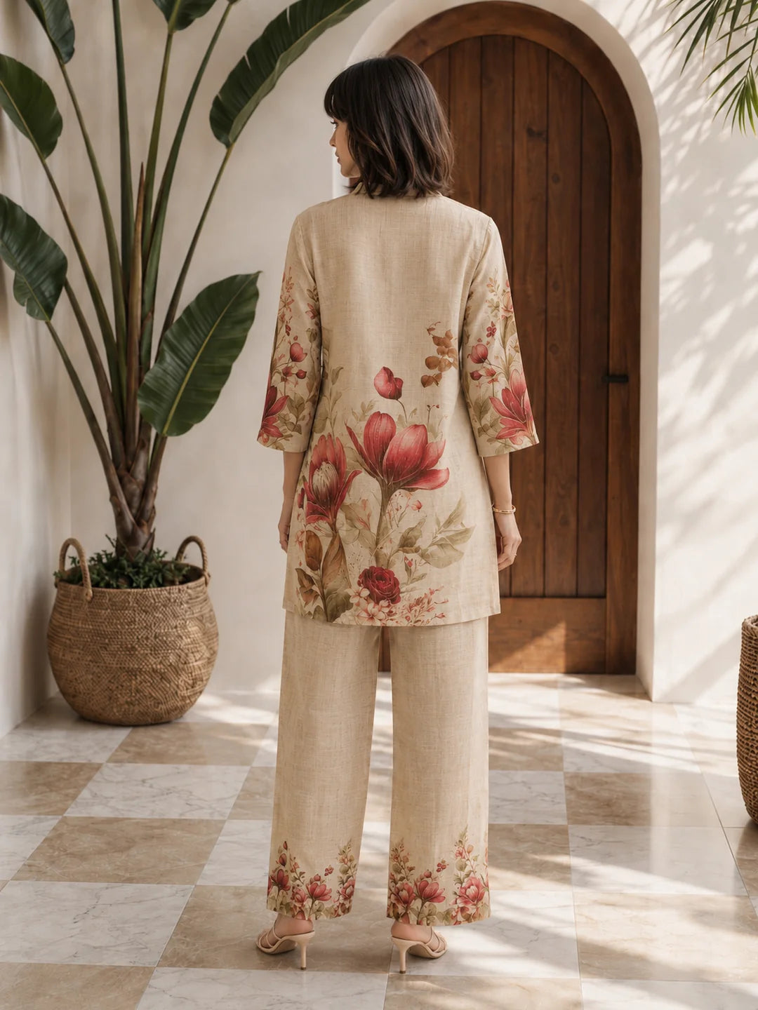 Beige Lily Printed 2-Piece Co-ord Set in Viscose
