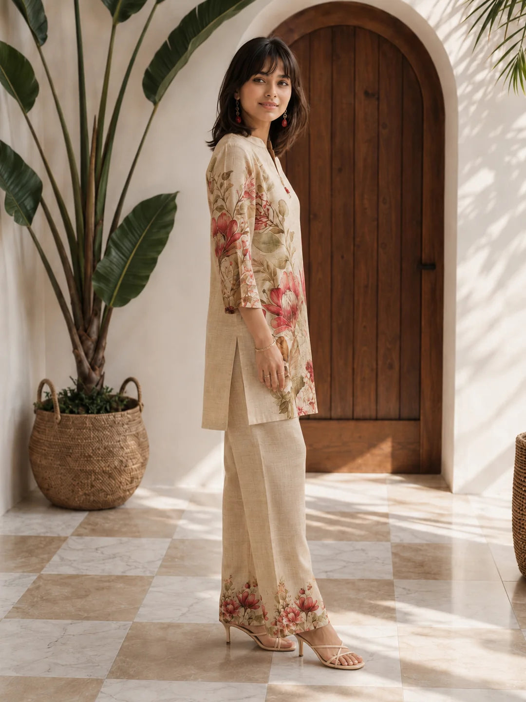 Beige Lily Printed 2-Piece Co-ord Set in Viscose