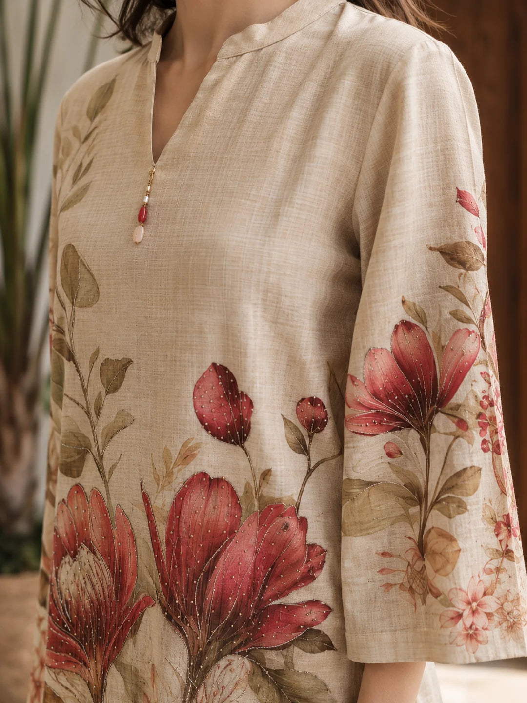 Beige Lily Printed 2-Piece Co-ord Set in Viscose