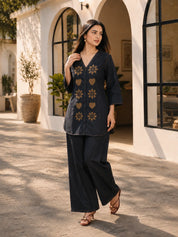 Charcoal Denim Embroidered 2-Piece Co-ord Set in Cotton Denim