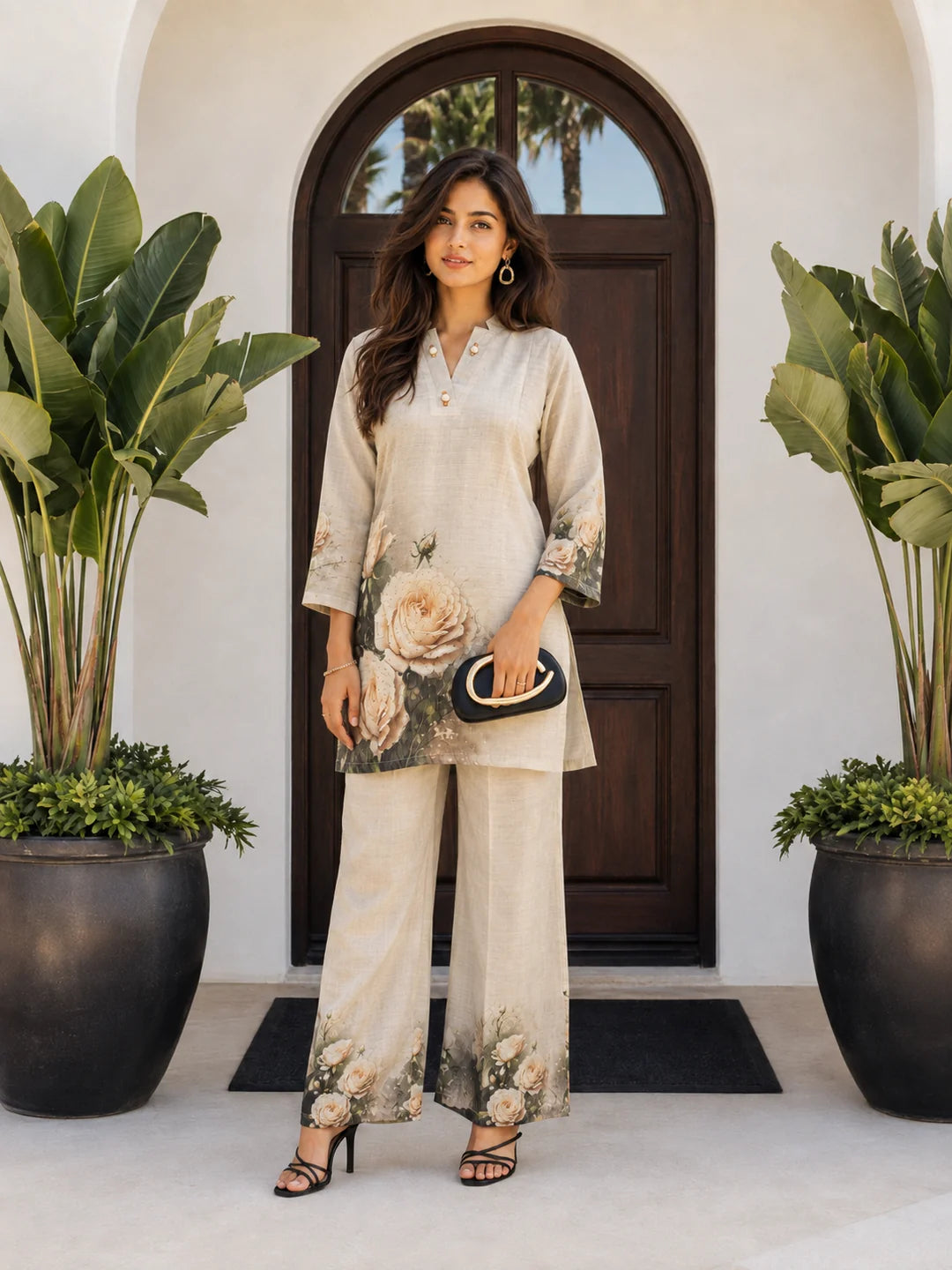 Cream Rose Printed Co-ord Set in Viscose