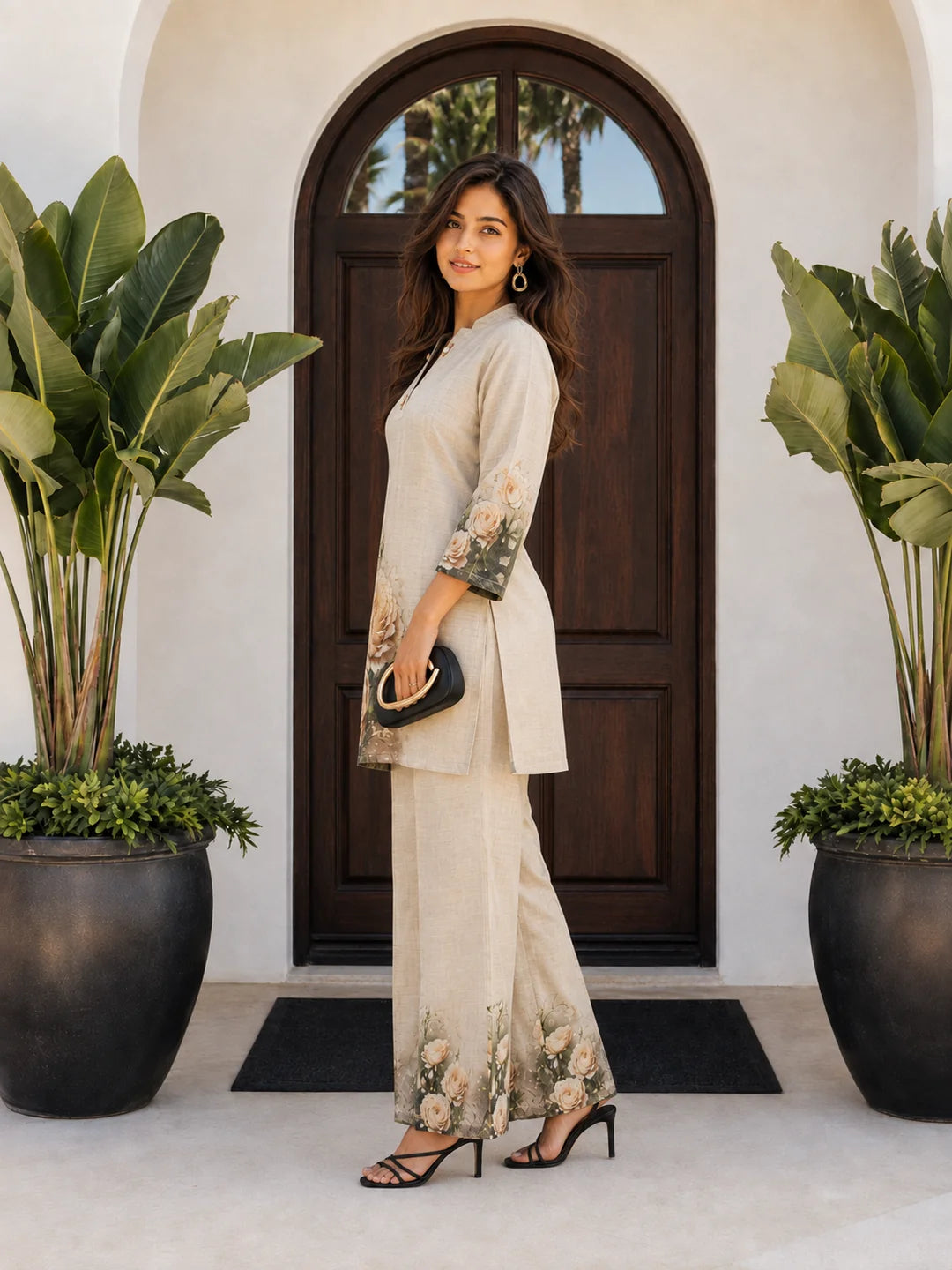 Cream Rose Printed Co-ord Set in Viscose
