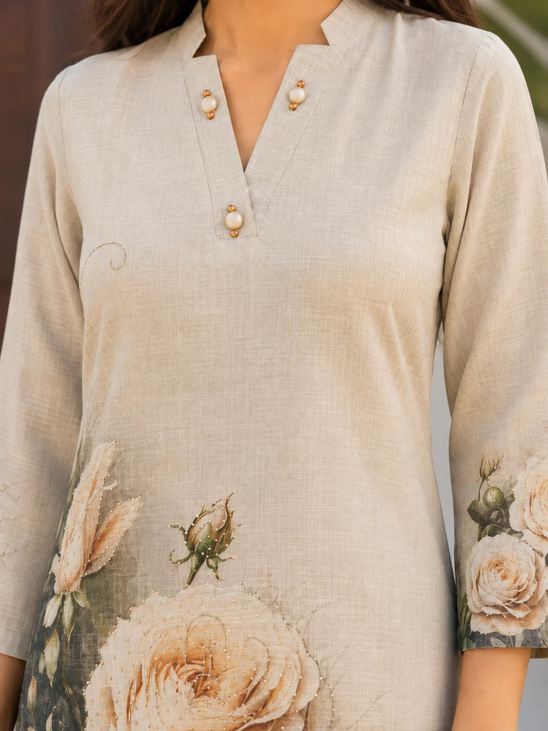 Cream Rose Printed Co-ord Set in Viscose