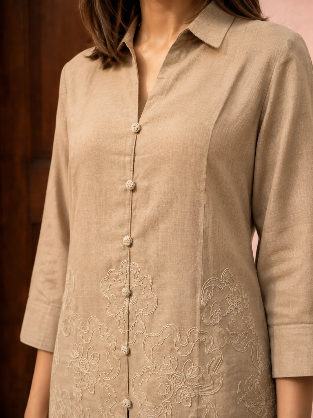 Beige Embroidered 2-Piece Co-ord Set in Viscose