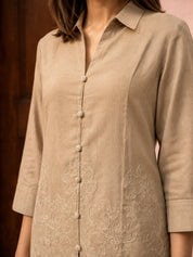 Beige Embroidered 2-Piece Co-ord Set in Viscose