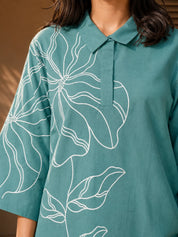 Conjunto coordinado de algodón elástico con bordado floral en verde menta