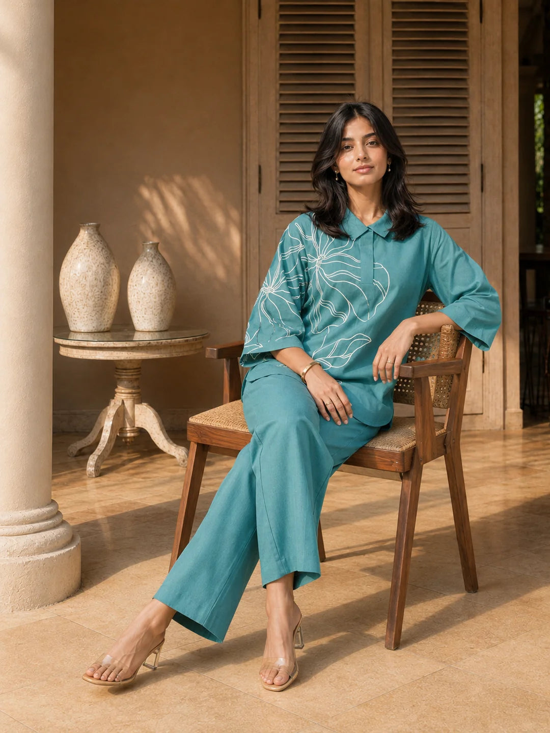 Conjunto coordinado de algodón elástico con bordado floral en verde menta