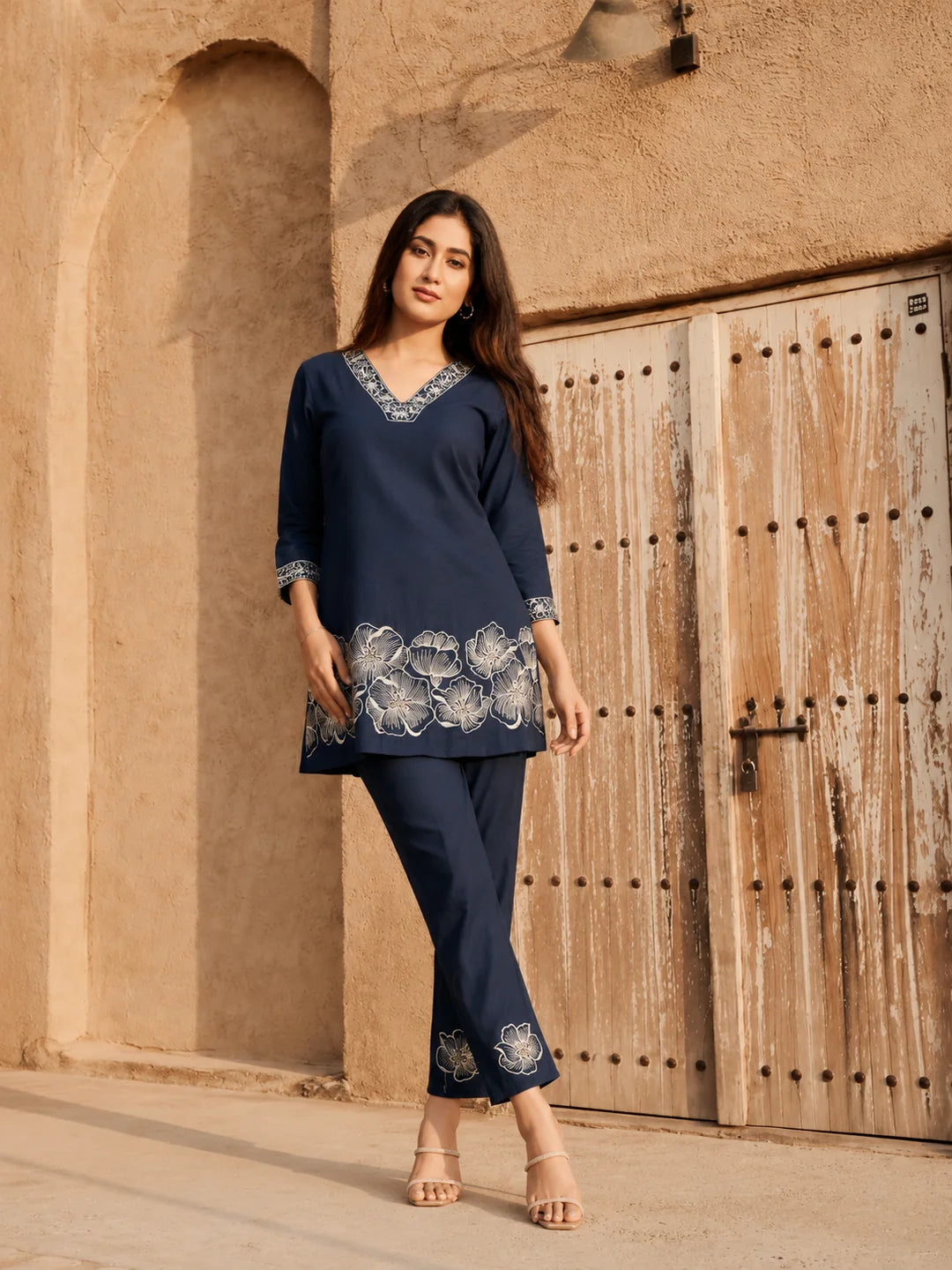 Navy Blue Lurex Thread Floral Embroidered Chinon Co-Ord Set