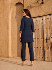 Navy Blue Lurex Thread Floral Embroidered Chinon Co-Ord Set