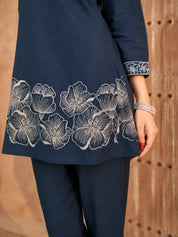 Navy Blue Lurex Thread Floral Embroidered Chinon Co-Ord Set