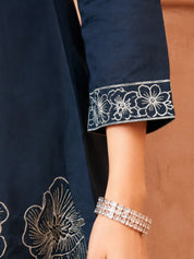 Navy Blue Lurex Thread Floral Embroidered Chinon Co-Ord Set