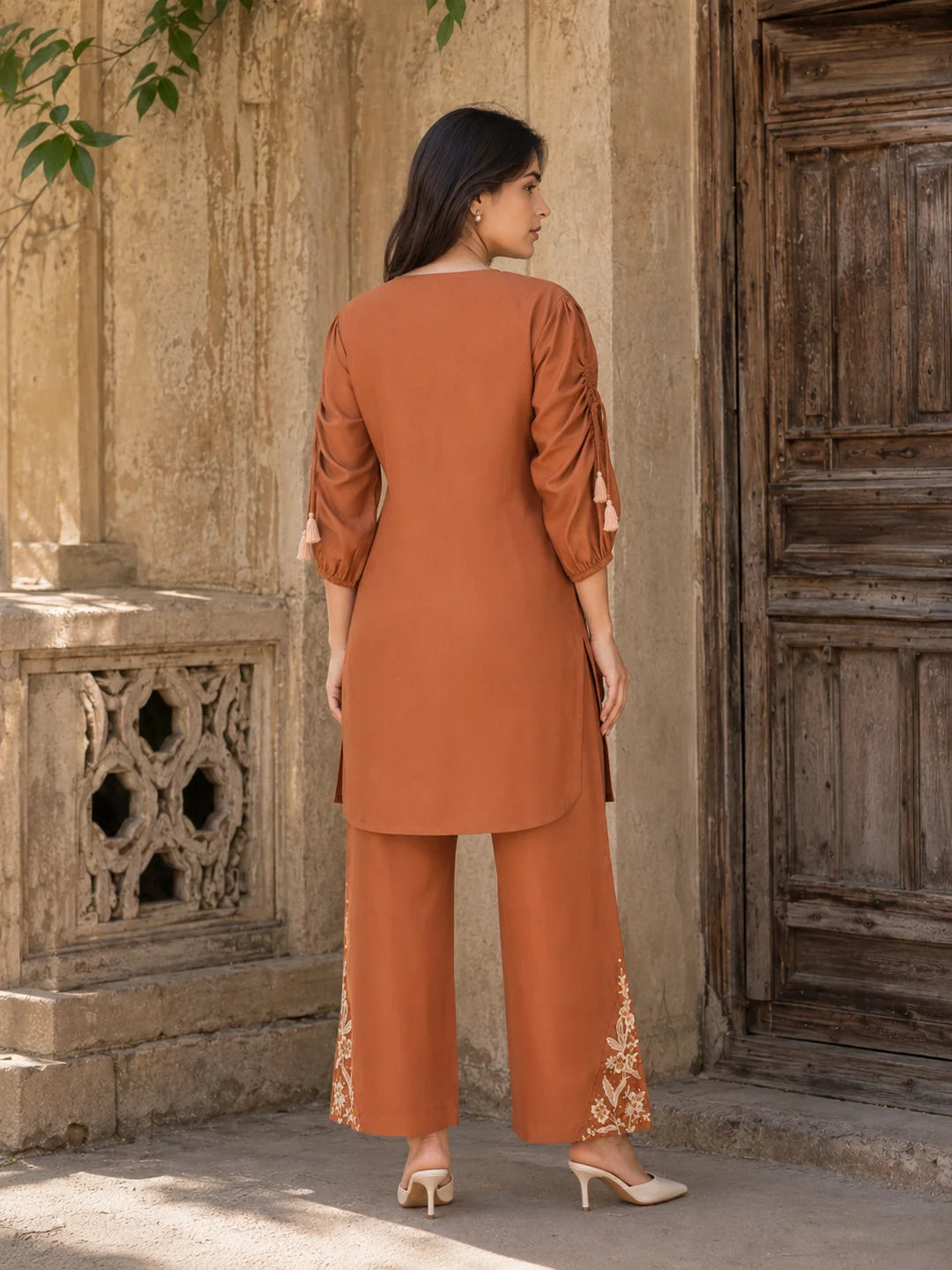 Rust Orange Embroidered Tunic With Straight Pant