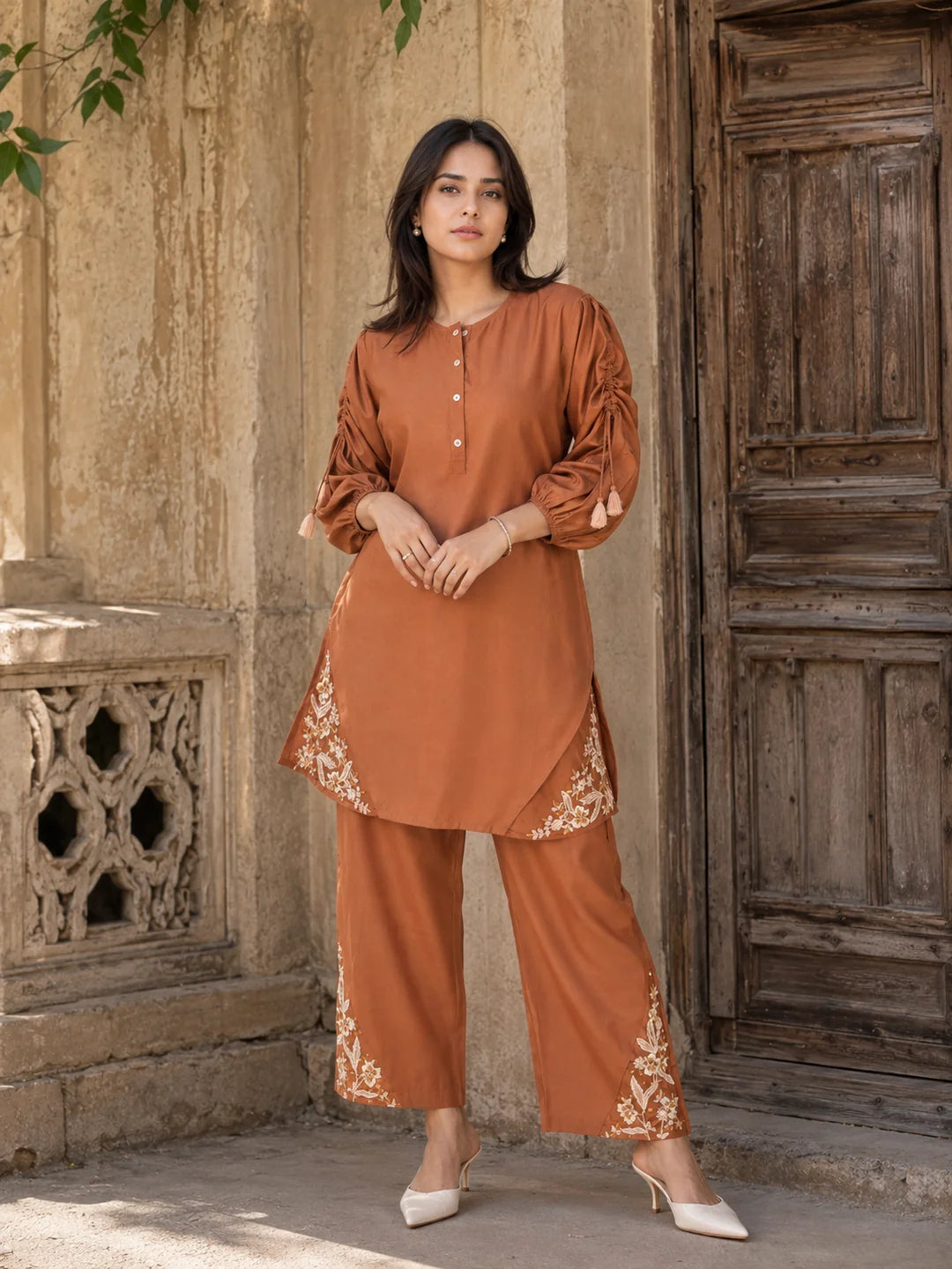 Rust Orange Embroidered Tunic With Straight Pant