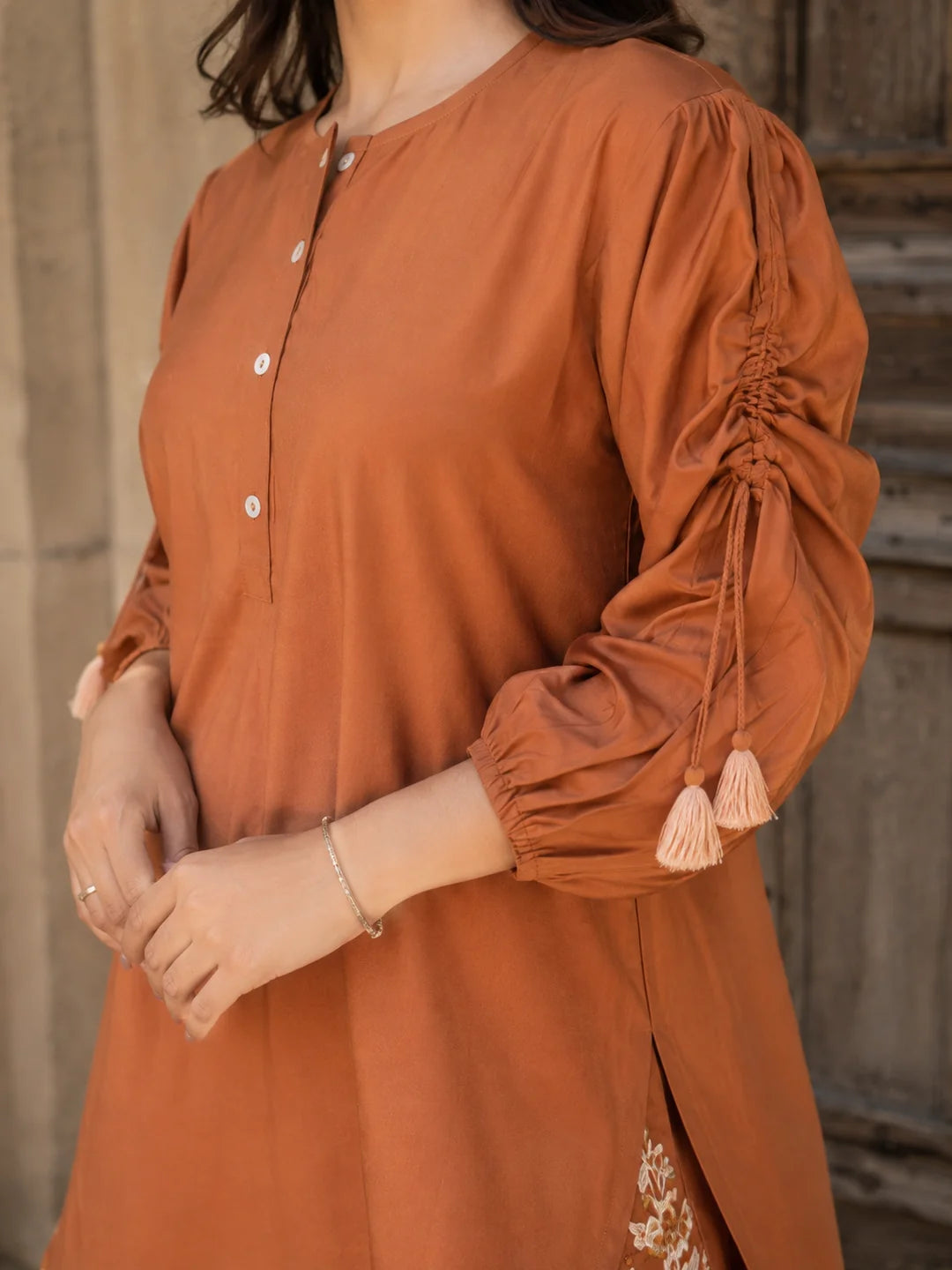 Rust Orange Embroidered Tunic With Straight Pant