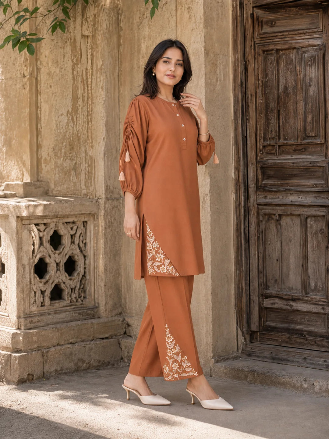 Rust Orange Embroidered Tunic With Straight Pant