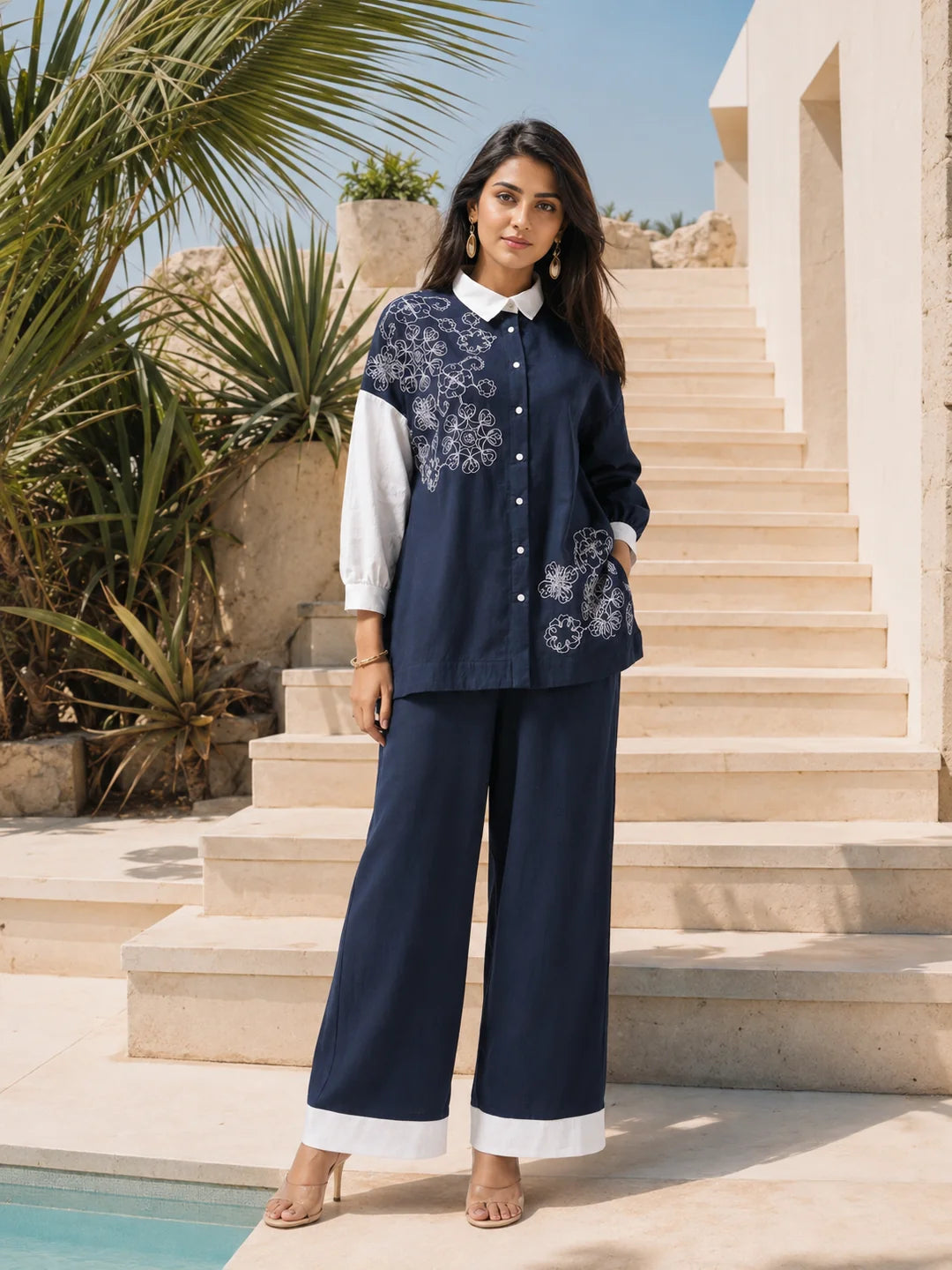Conjunto coordinado de algodón bordado azul marino y blanco