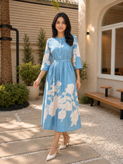 Aqua Blue Base With Cream Color Bold Flower Motif  Midi Dress