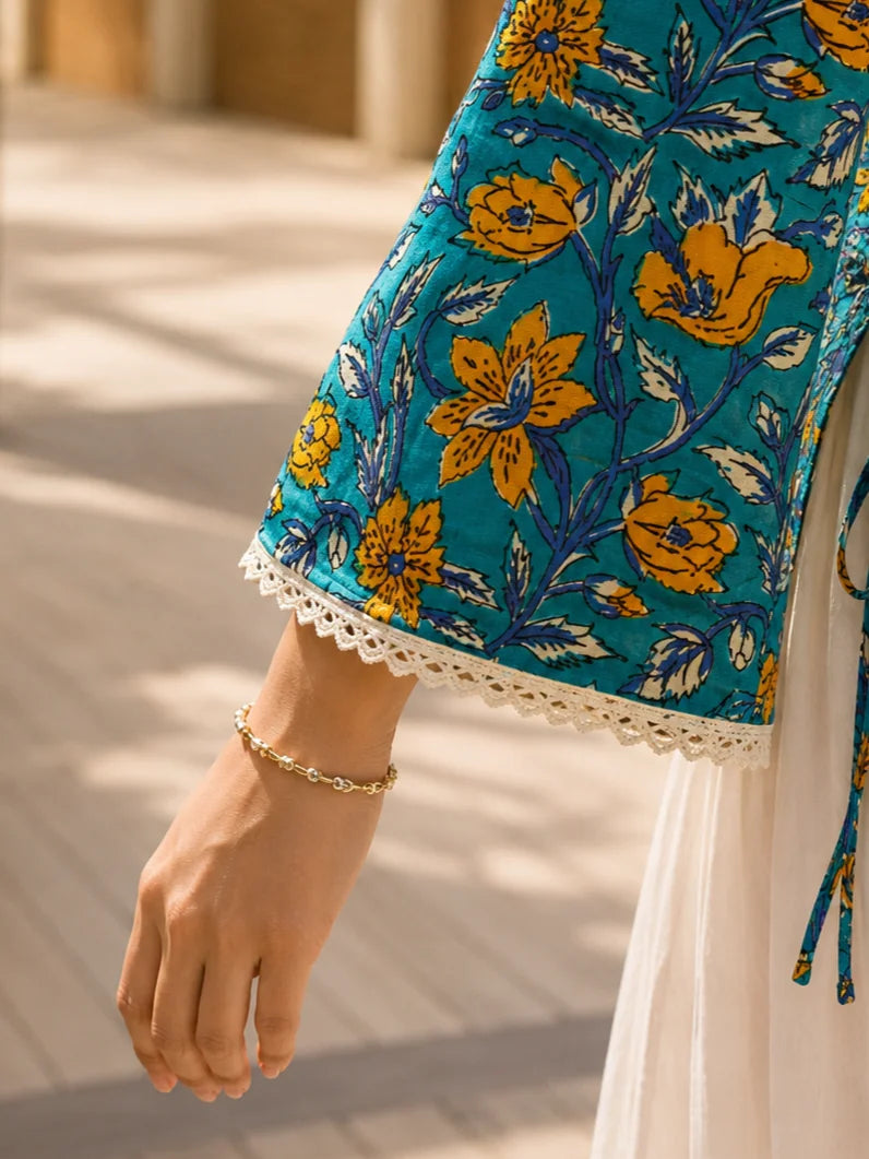 Blue and Yellow Floral Jaal Short Kurti in Cotton