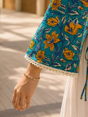 Blue and Yellow Floral Jaal Short Kurti in Cotton