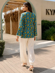 Blue and Yellow Floral Jaal Short Kurti in Cotton